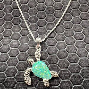 Turtle Necklace with Aqua Iridescent Sea Glass 18K White Gold Plated